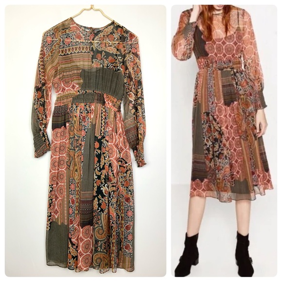 Zara Dresses & Skirts - ZARA Sz XS Mixed Print Patchwork Balloon Sleeve Sheer Midi Boho Dress W/ Slip